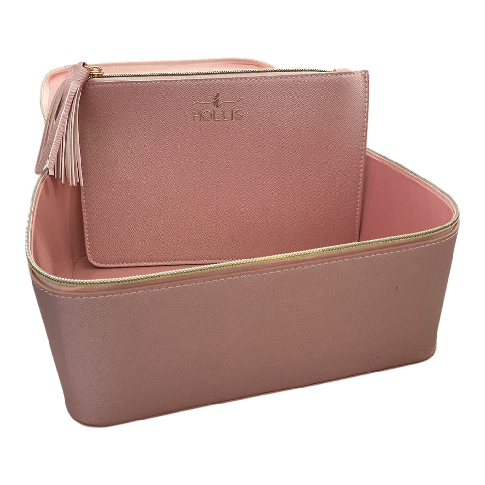 Pink textured zippered travel makeup bag with gold zipper and "HOLLIS" in gold letters. Compact size. Sizes available.
