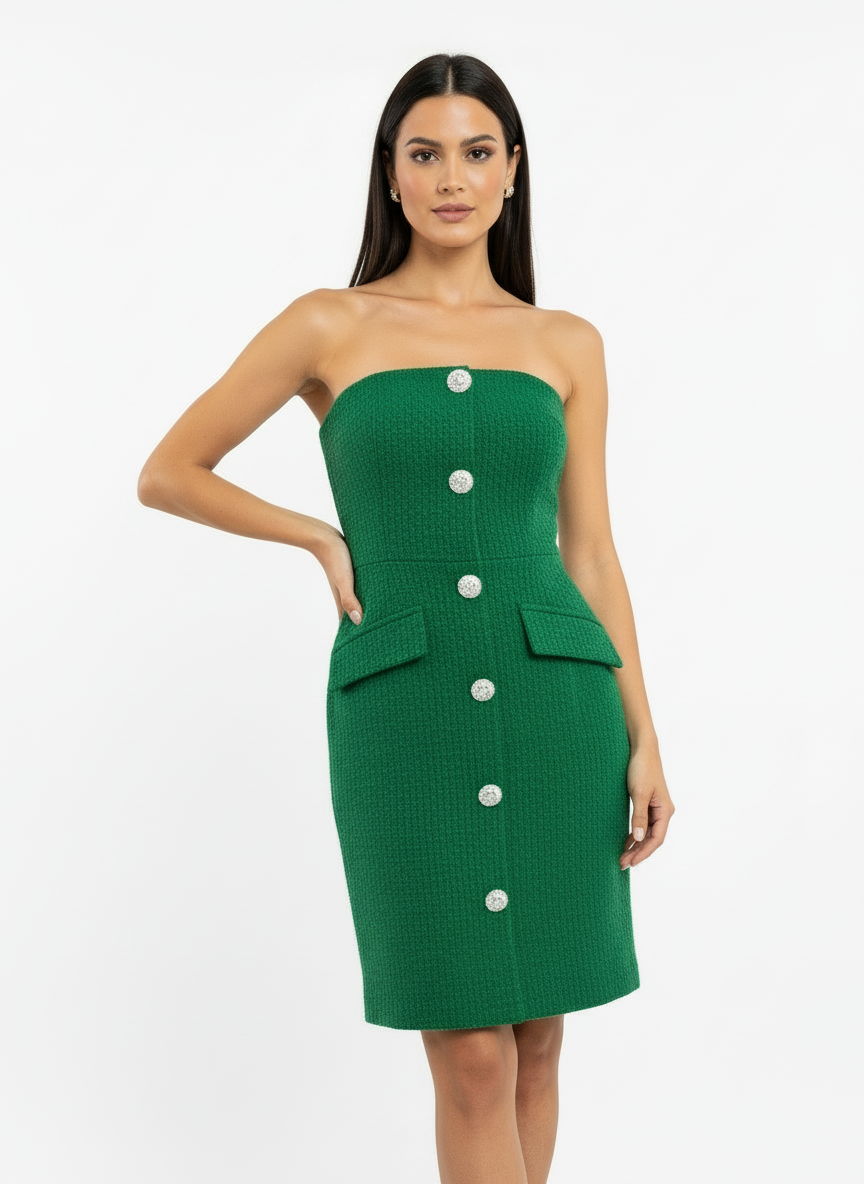 Green Strapless Dress by White Birch Black Label, silver buttons, two hip flap pockets. Available in sizes XS–XL.