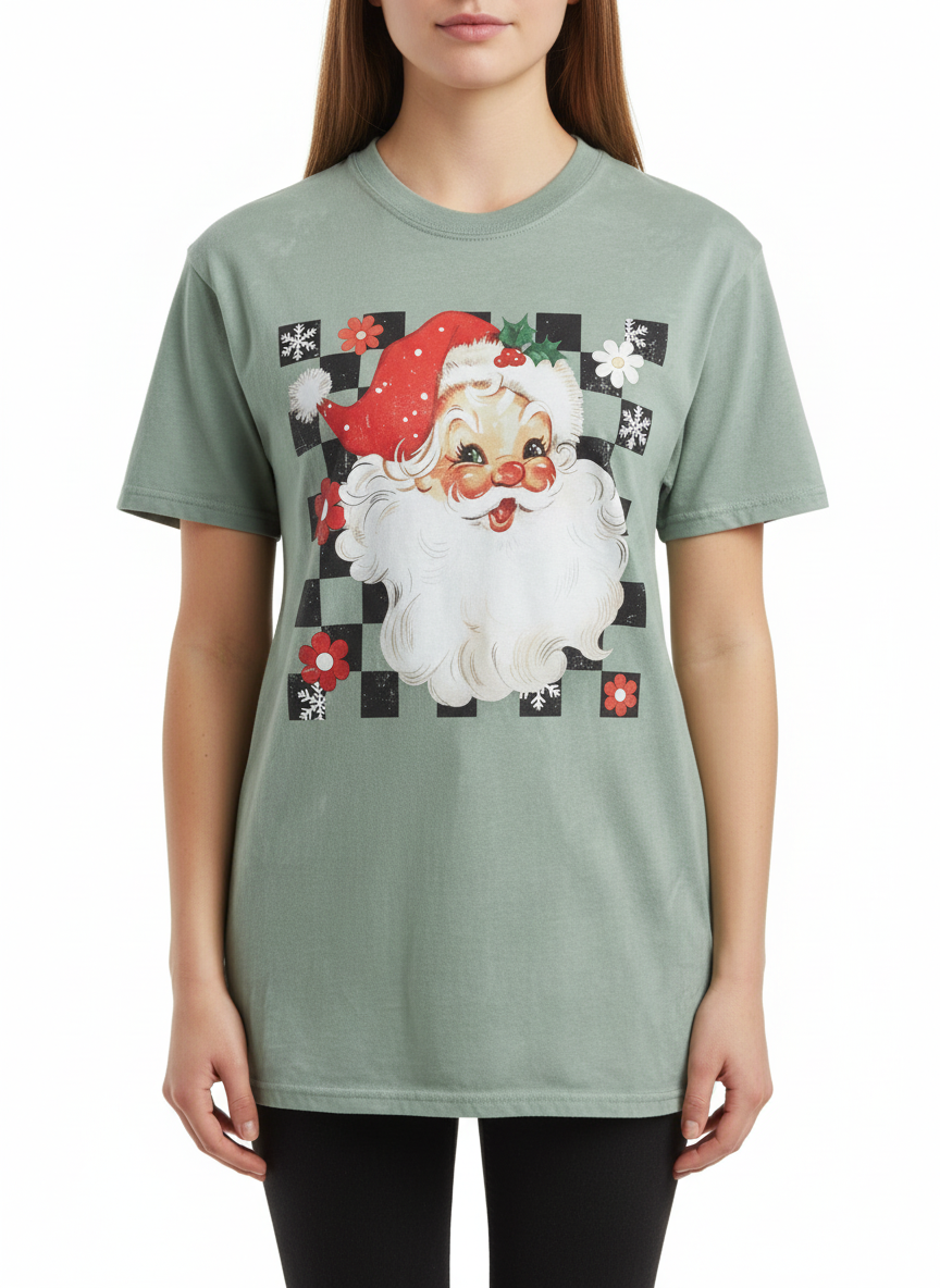 Sage green Christmas T-shirt featuring a vintage-style Santa Claus graphic on a black-and-white checkerboard square. Sizes available.