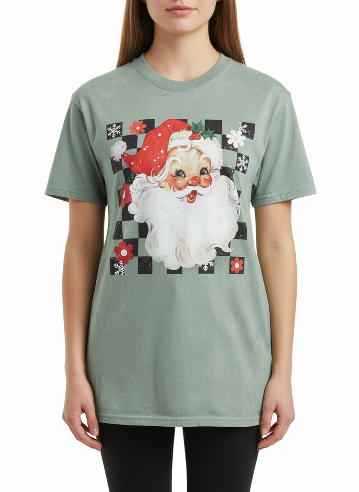 Sage green Christmas T-shirt featuring a vintage-style Santa Claus graphic on a black-and-white checkerboard square. Sizes available.