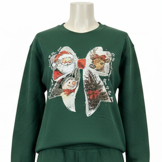 Dark green Christmas bow sweatshirt featuring a bow graphic with Santa, a snowman, a reindeer, and a Christmas tree. Available in various sizes.