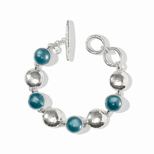 Silver links and blue-green iridescent stones, toggle clasp, two rings for resizing. Available sizes: S/M, M/L.