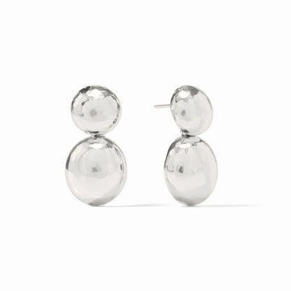 The Solara Earring - Silver by Julie Vos features two connected hammered silver discs, available in small and medium sizes.