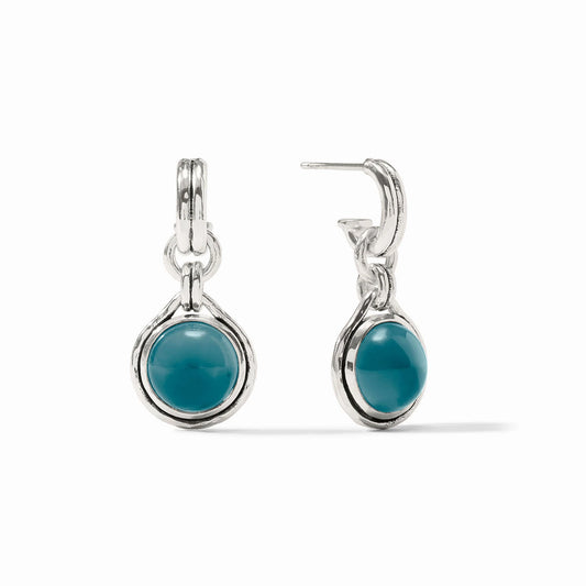 Solara Hoop & Charm Earring in Silver Iridescent Montana Blue with round gemstone centers, hoop and post back. Sizes: Small, Medium.