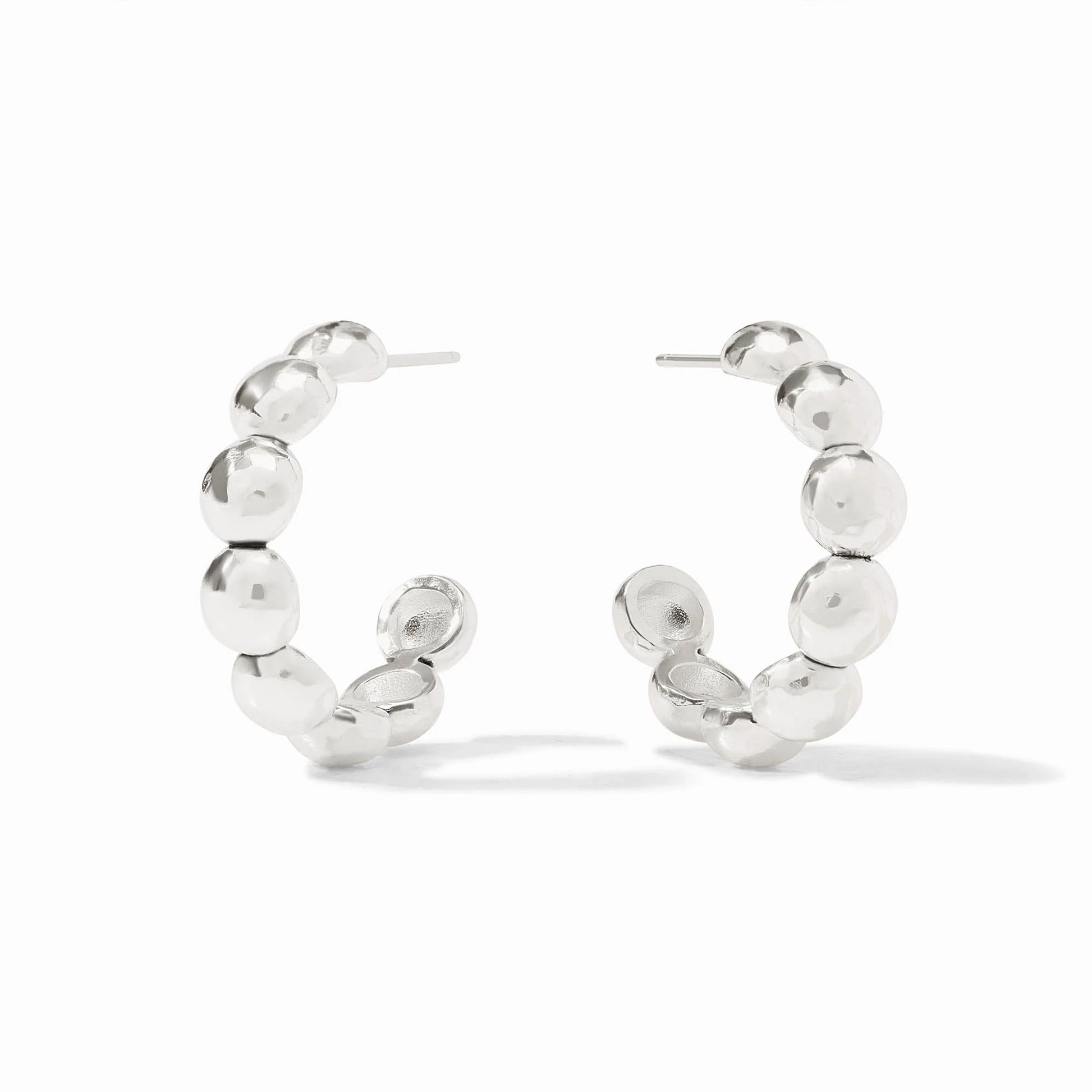 Solara Nova Hoop Silver earrings: smooth, rounded beads in an open semicircle, straight posts. Sizes: small, medium.