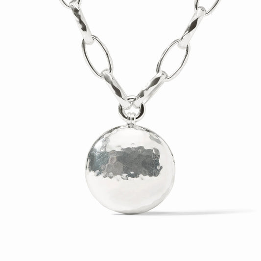 The Solara Necklace Silver has large oval links and a round hammered pendant. Available lengths: 16", 18", 20".