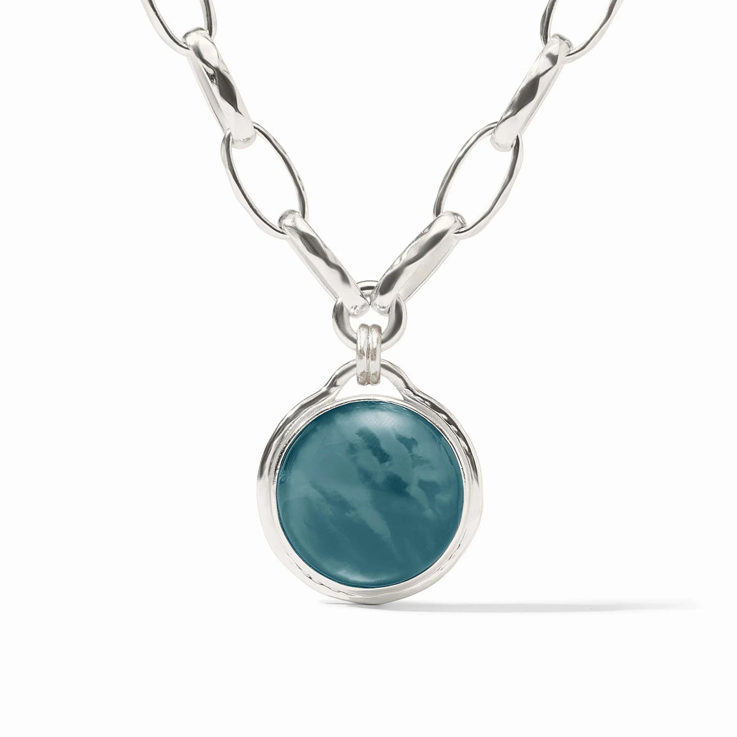 Silver necklace with large oval chain links and an iridescent Montana Blue stone pendant. Sizes: 16", 18", 20".