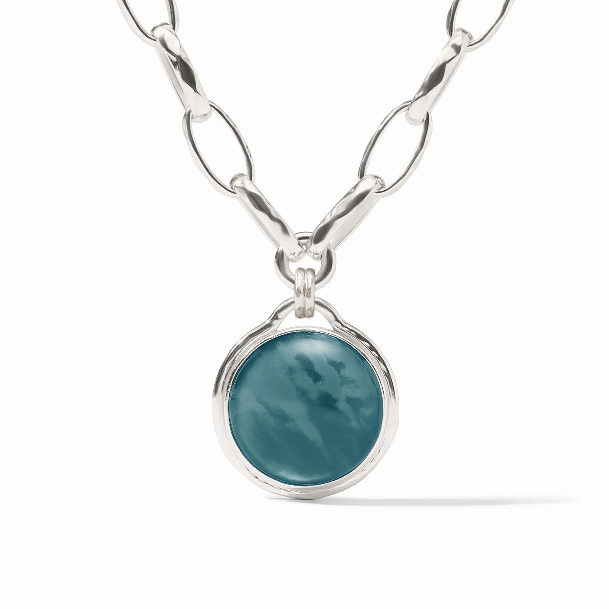 Silver necklace with large oval chain links and an iridescent Montana Blue stone pendant. Sizes: 16", 18", 20".