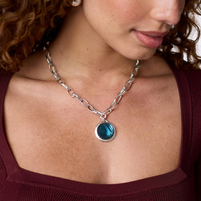Solara Statement Necklace in Silver Iridescent Montana Blue; available in S, M, L.