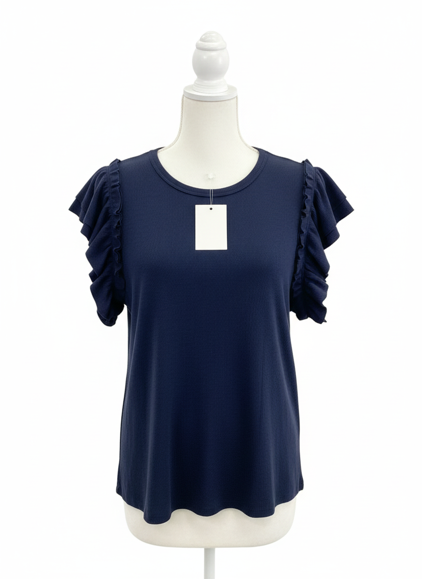 Blue Double Ruffled Short Sleeve Top | P.S Kate