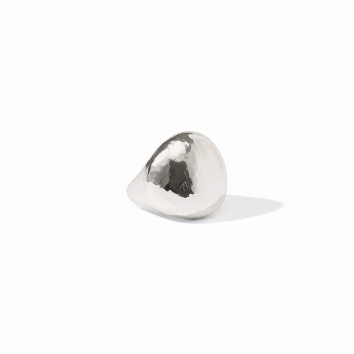 The Solara Ring Silver: small, smooth organic silver form with starburst engraving. Available in sizes 5-9.