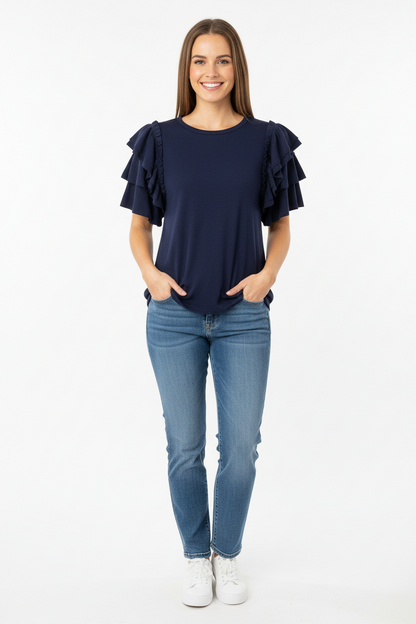 Blue Double Ruffled Short Sleeve Top | P.S Kate