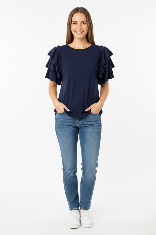 Blue Double Ruffled Short Sleeve Top | P.S Kate