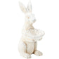 White, speckled stoneware rabbit figurine holding a scalloped bowl. Available sizes: 8" and 12".