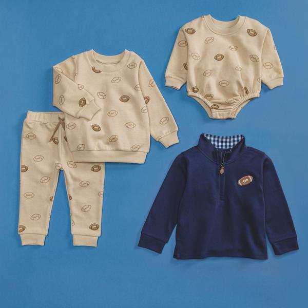 Vintage Football Two-Piece Set, cream with football prints, available in sizes 0-24M.