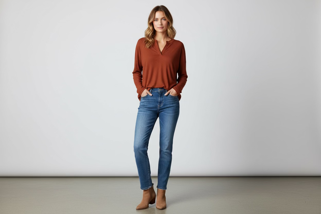 Burnt Orange V-Neck Longsleeve, available in S-XL. Features long sleeves and a V-neck design.