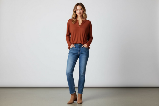 Burnt Orange V-Neck Longsleeve, available in S-XL. Features long sleeves and a V-neck design.