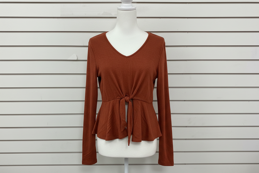 Burnt Orange Long Sleeve Tied Waist top by White Birch with v-neckline and front tie. Available in sizes S-XL.