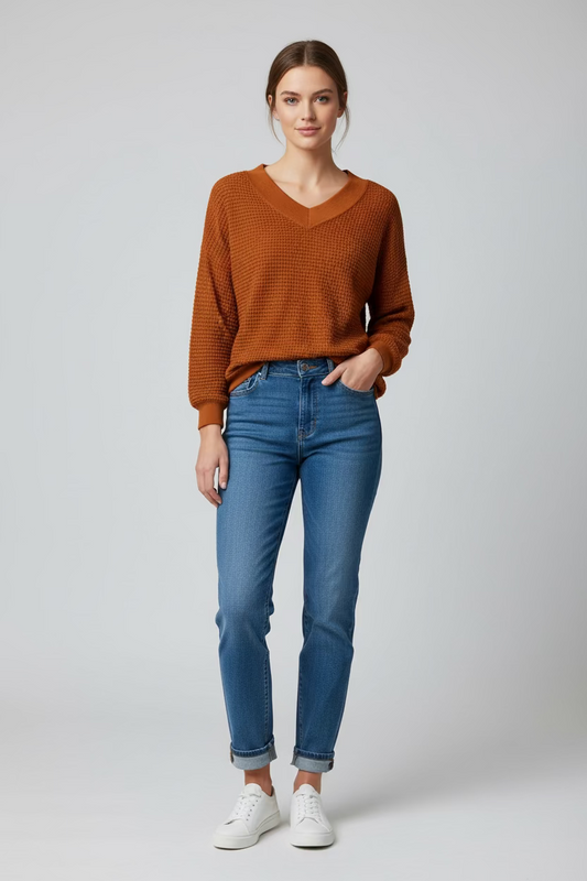 Burnt orange v neck waffle long sleeve top shown. Available in sizes XS-XL.