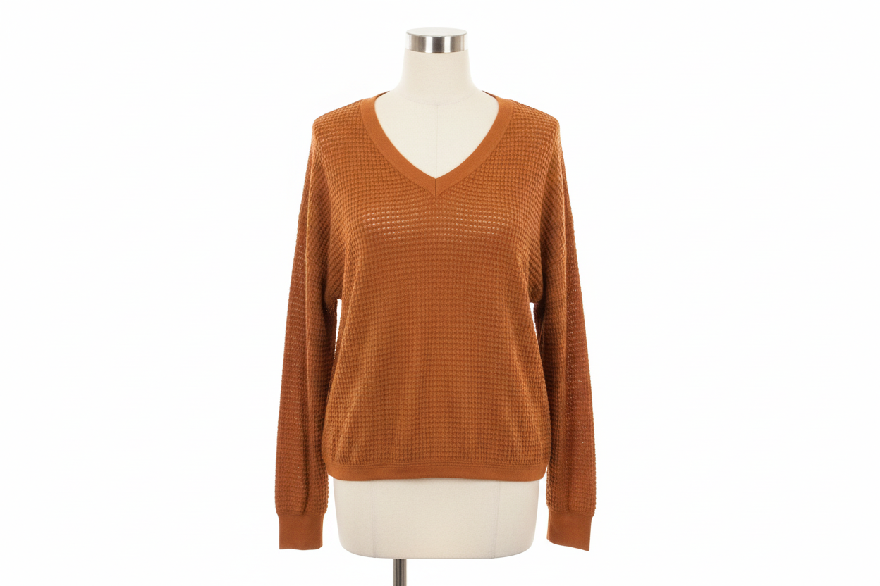 Burnt Orange V Neck Waffle Long Sleeve; available sizes: S, M, L, XL.