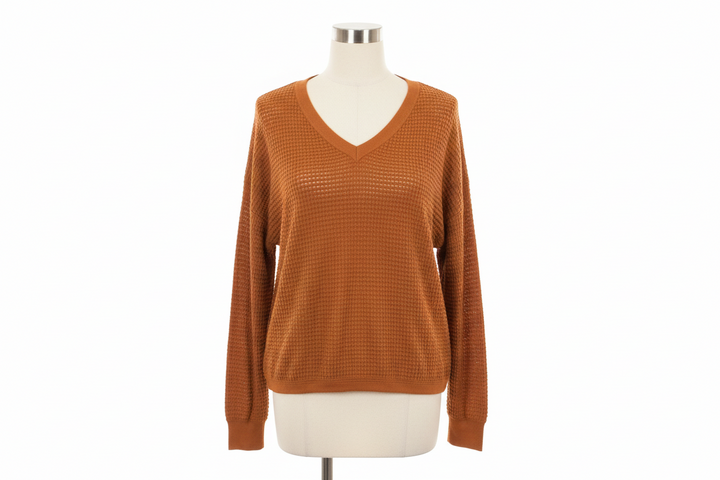 Burnt Orange V Neck Waffle Long Sleeve; available sizes: S, M, L, XL.
