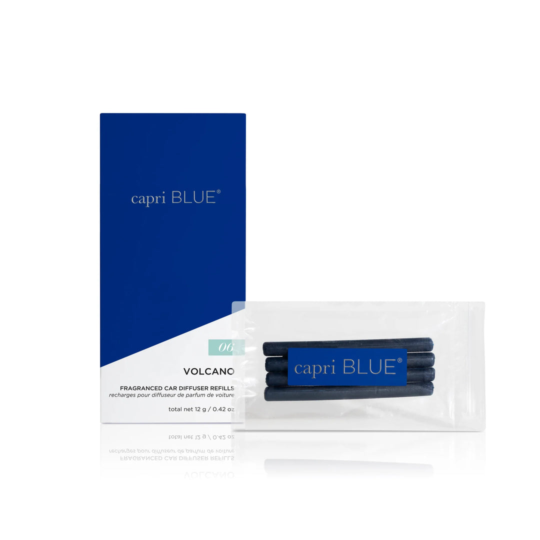 Capri Blue Car Diffuser Refills box with four black fragrance sticks. Available sizes: 0.42 oz. Minimalist packaging.
