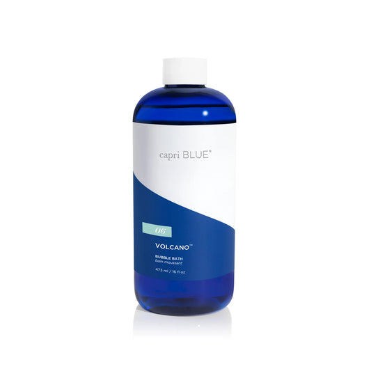 Blue and white Volcano Bubble Bath by Capri Blue, 16 fl oz (473 ml), with white cap and minimalist label.
