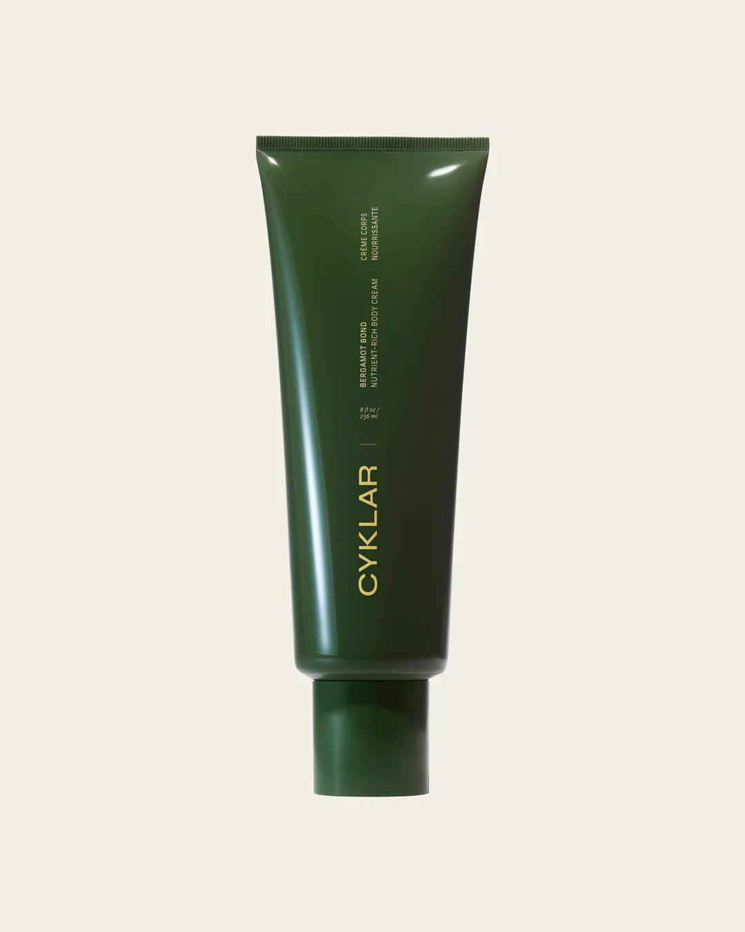 Dark green tube, gold text, green cap, labeled "Bergamot Body Cream | Cyklar." Available in 50ml and 100ml sizes.
