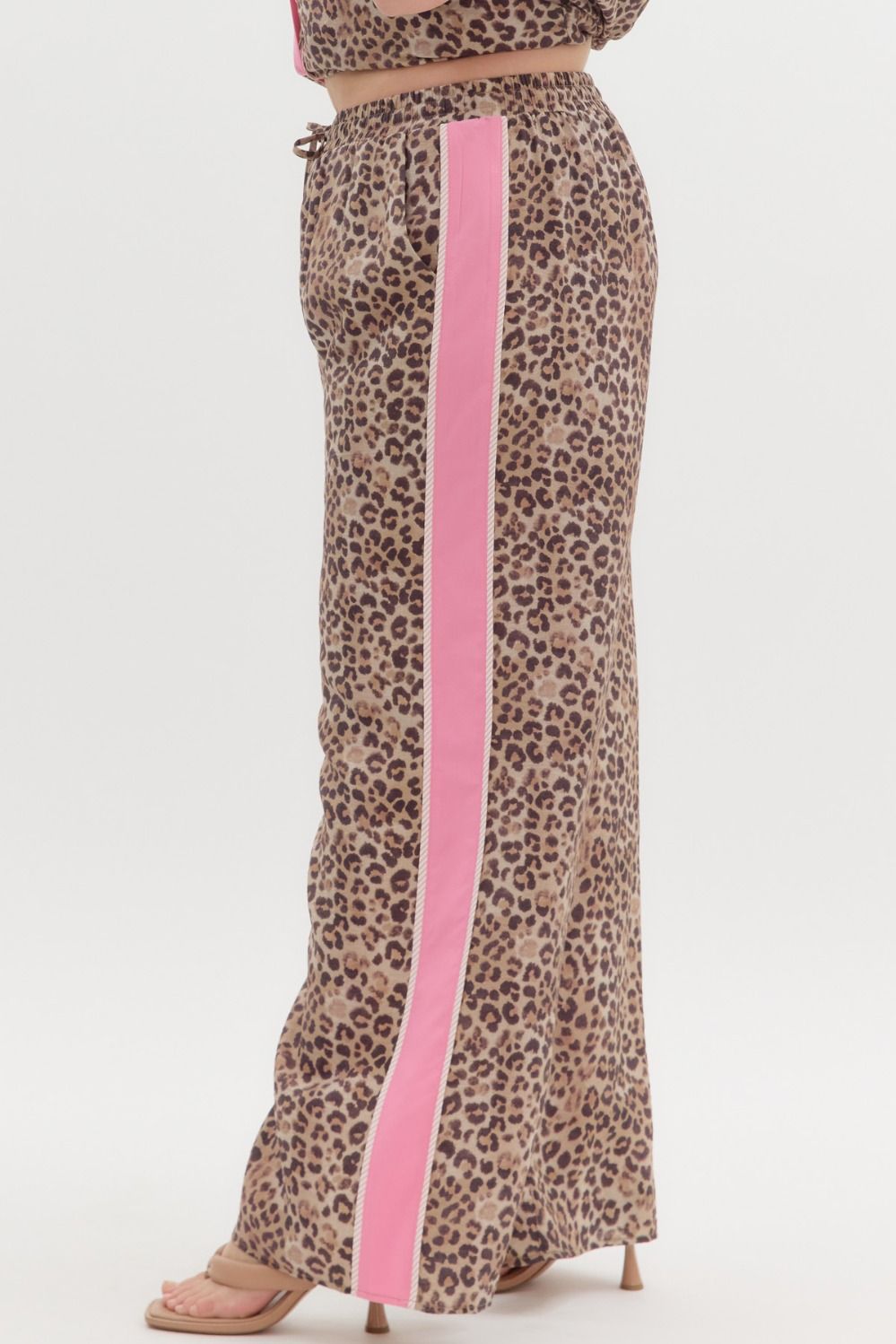 Leopard Print Pants with Pink Stripe, high waist, wide legs, adjustable waistband. Sizes: XS-XL.
