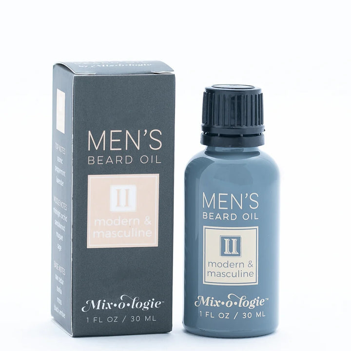 Modern and Masculine Men’s Beard Oil by Mix O Logie, 1 fl oz (30 ml) bottle and box for beard grooming.