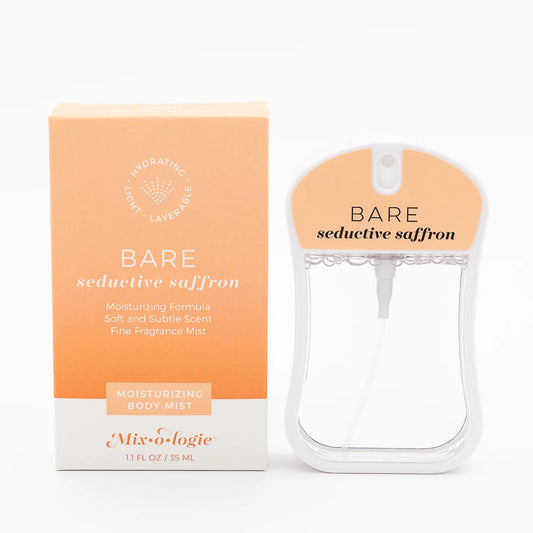 Mix O Logie Bare Seductive Saffron Body Mist in clear spray bottle with orange-white box. Available in 3.4 oz size.