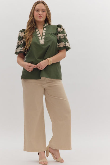 Olive Embroidered Top