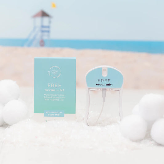 Free Ocean Moisturizing Body Mist | Mix O Logie shown in box and small spray bottle, available in compact and full sizes.