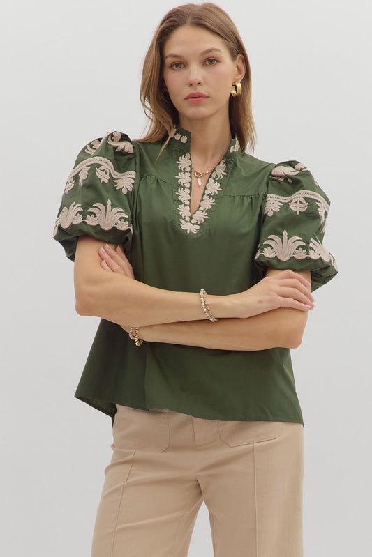 Olive Embroidered Top