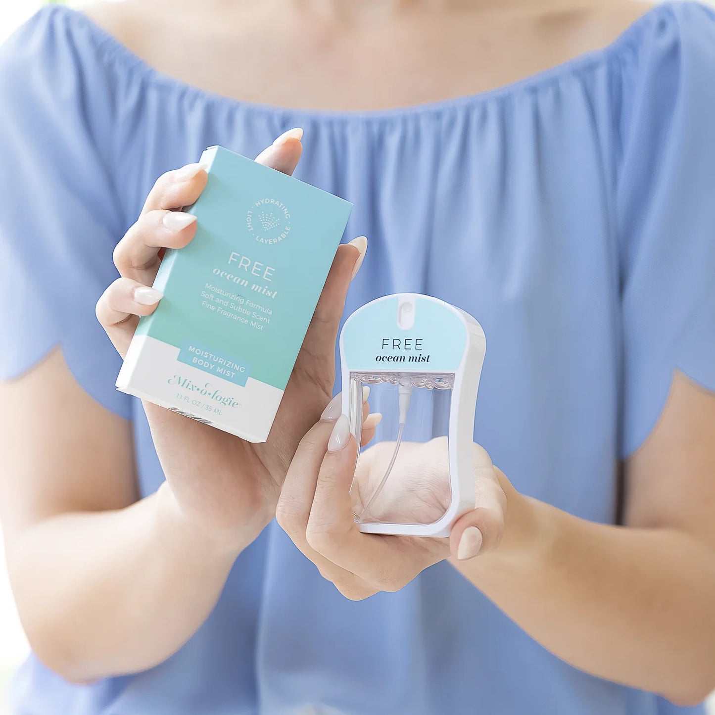Free Ocean Moisturizing Body Mist by Mix O Logie, marine-based hydrating mist, available in 8oz and 2oz sizes.