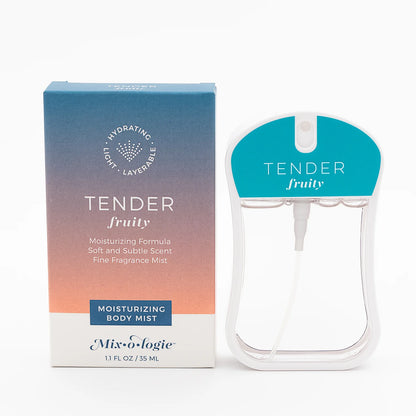 The Tender Fruity Moisturizing Body Mist by Mix O Logie in blue and pink ombre is available in multiple sizes.