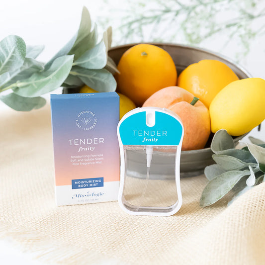 A Tender Fruity Moisturizing Body Mist | Mix O Logie bottle and box, available in multiple sizes.