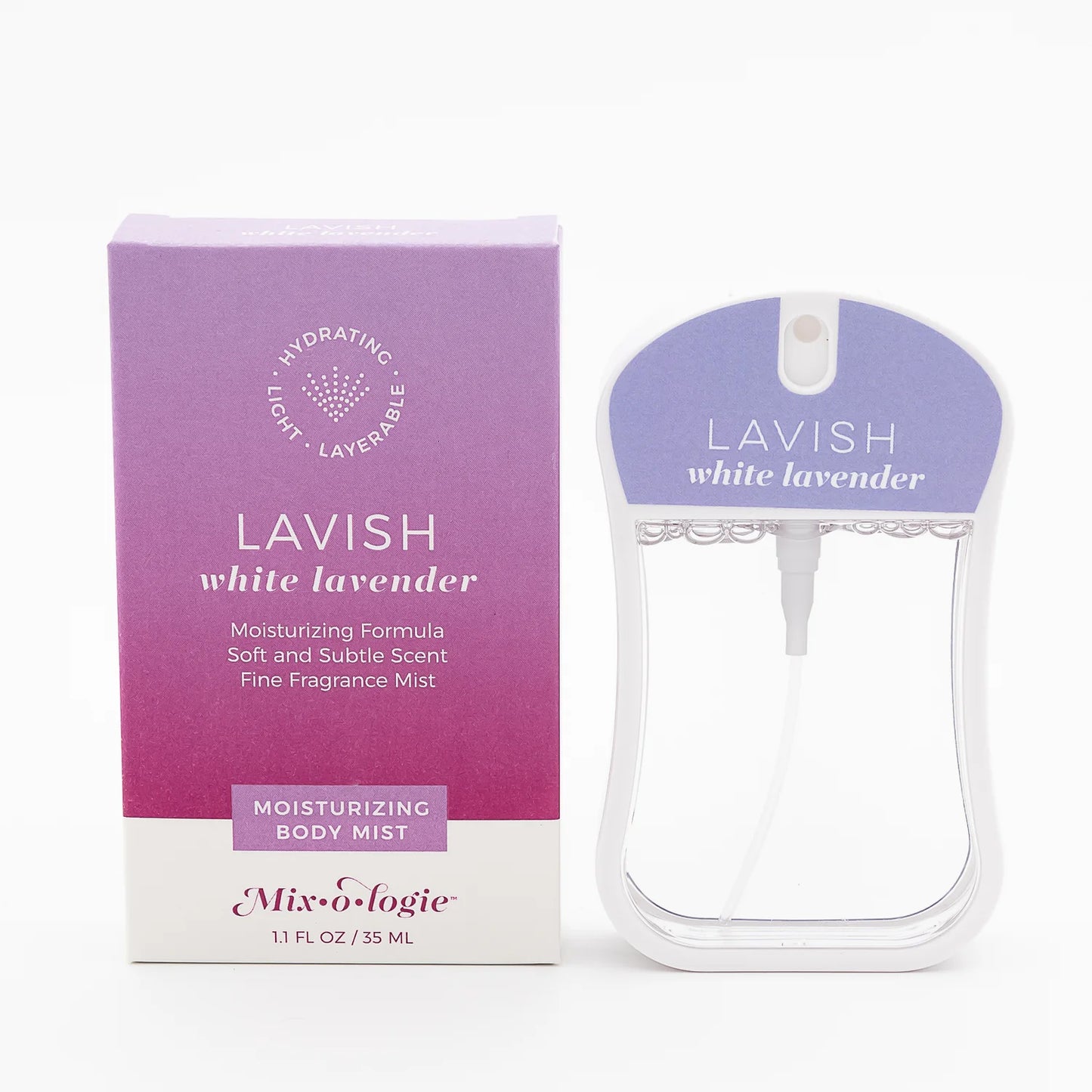Lavish White Lavender Moisturizing Body Mist by Mix O Logie in 4 fl oz; comes in a purple and white box with lavender-topped spray.