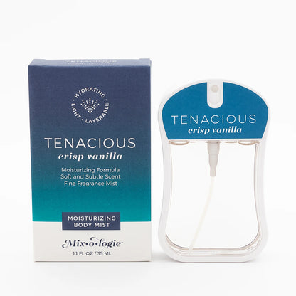 Blue and white Mix O Logie Tenacious Crisp Vanilla moisturizing body mist spray, clear bottle; available in multiple sizes.