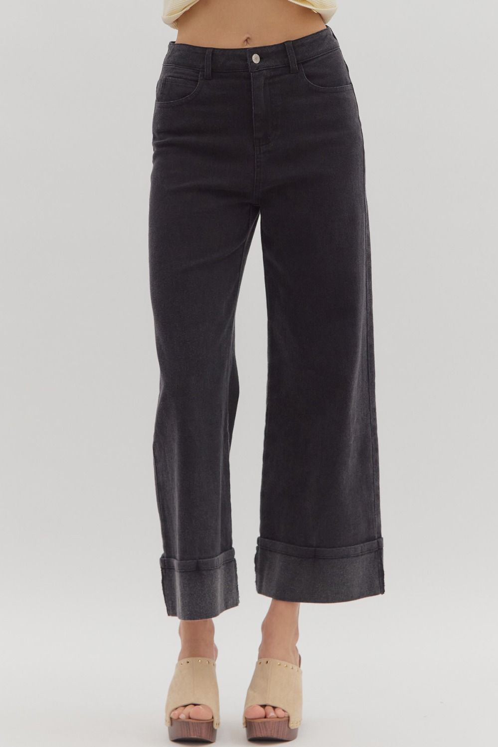 Black Wide Hem Denim Pants with large cuffs. Available in sizes S-XL.