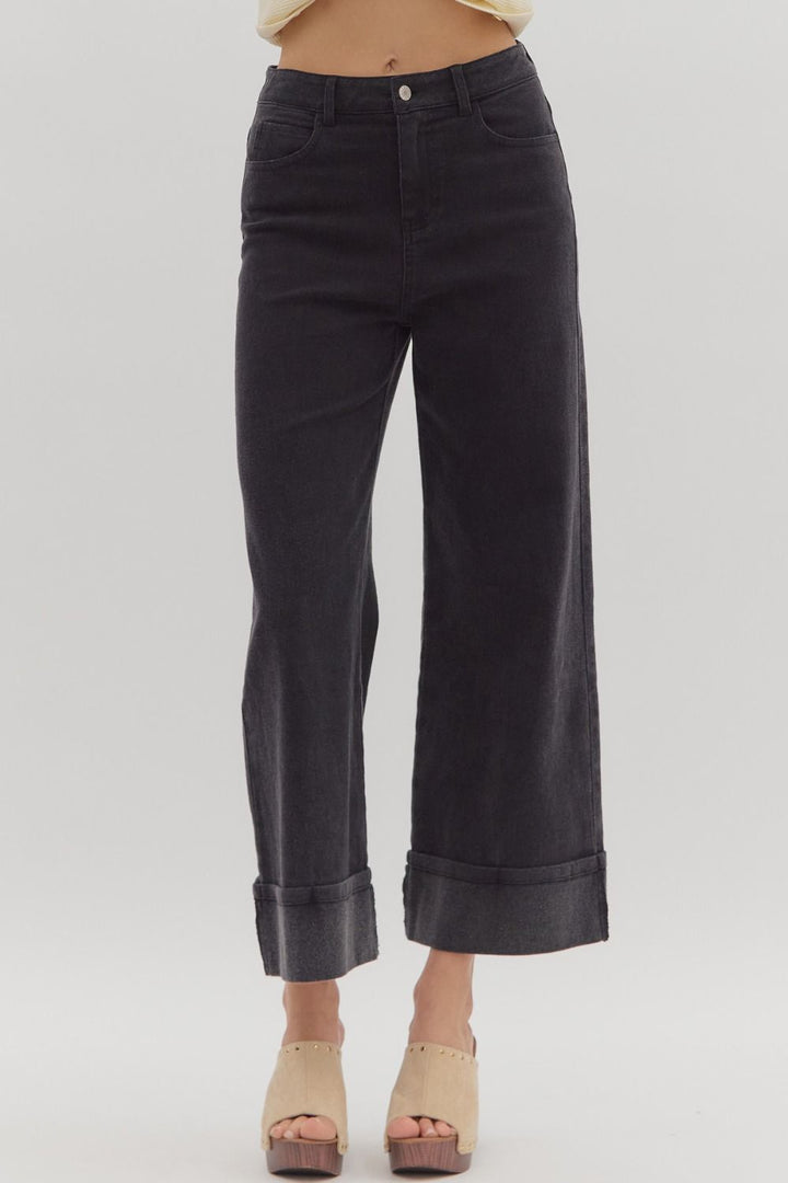 Black Wide Hem Denim Pants with large cuffs. Available in sizes S-XL.