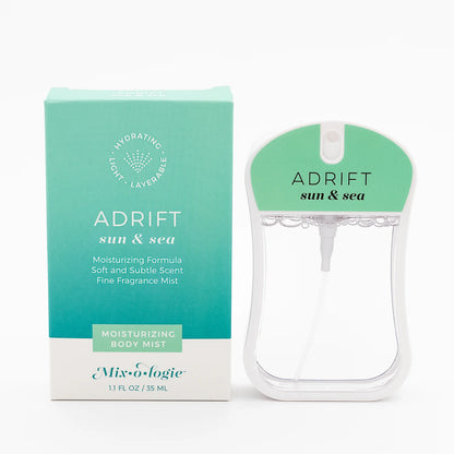 Adrift Sun and Sea Moisturizing Body Mist by Mix O Logie in turquoise/white packaging; available in 1.7oz and 4oz sizes.