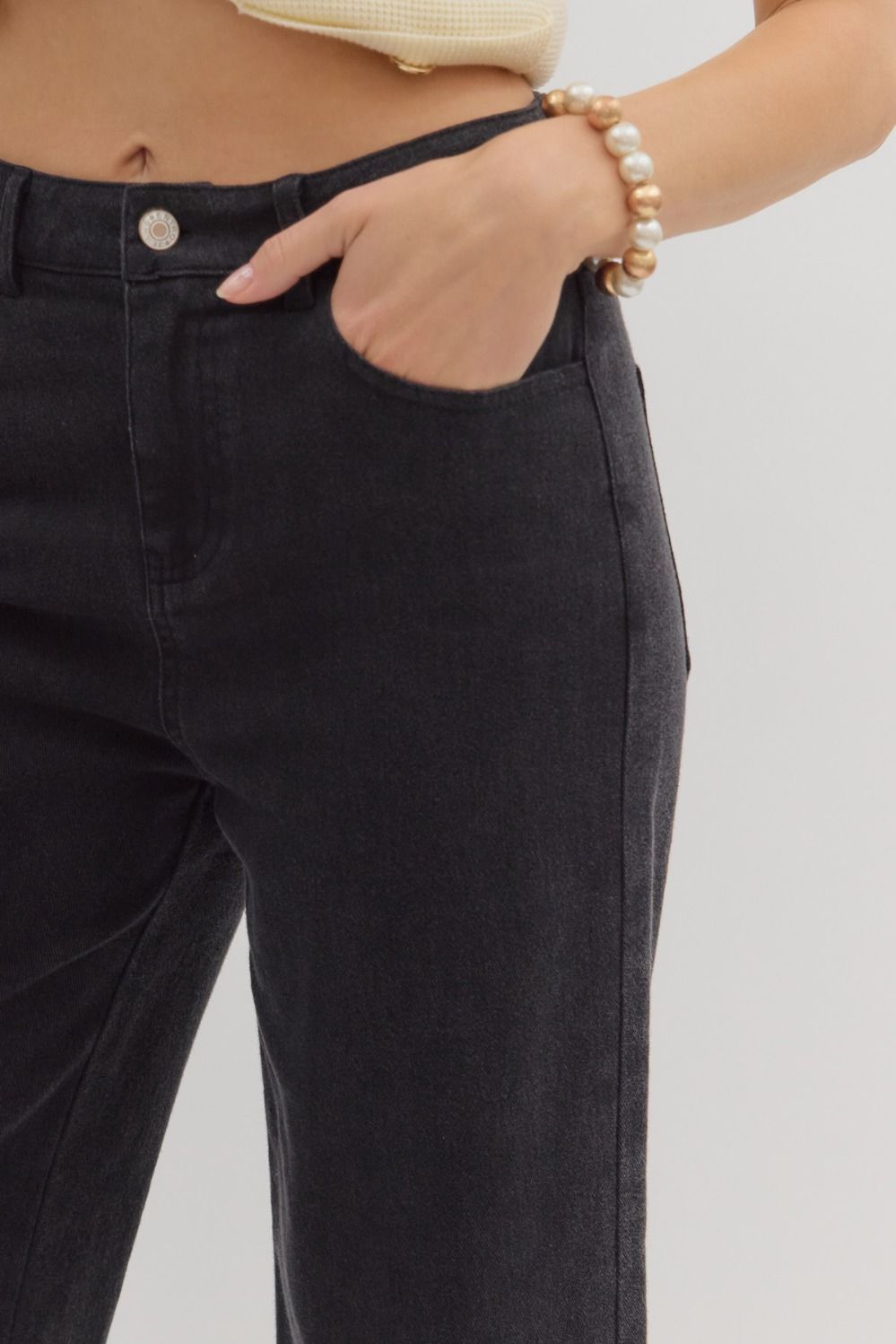 Black Wide Hem Denim Pants, wide-leg cut, black denim. Sizes available: S, M, L, XL.