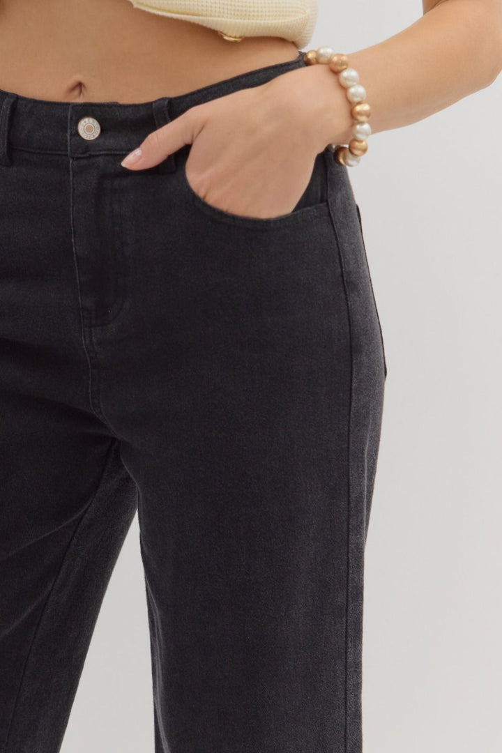 Black Wide Hem Denim Pants, wide-leg cut, black denim. Sizes available: S, M, L, XL.
