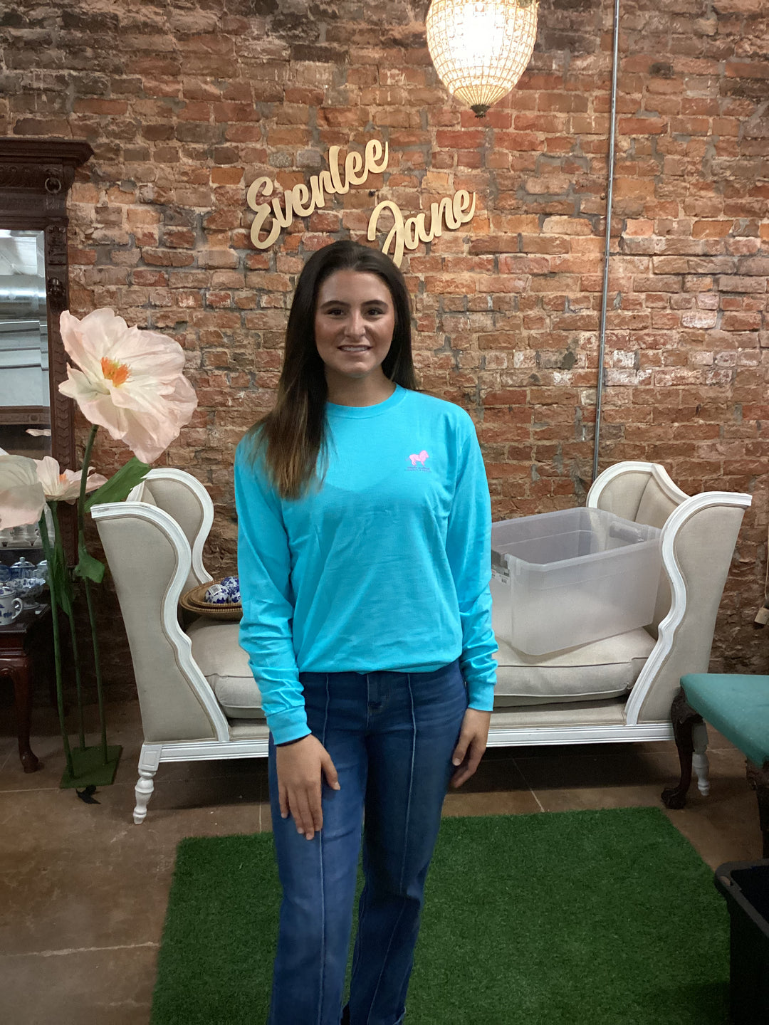 Pool Blue Knit Pattern Lion Long Sleeve T-Shirt, available in sizes S-XXL.