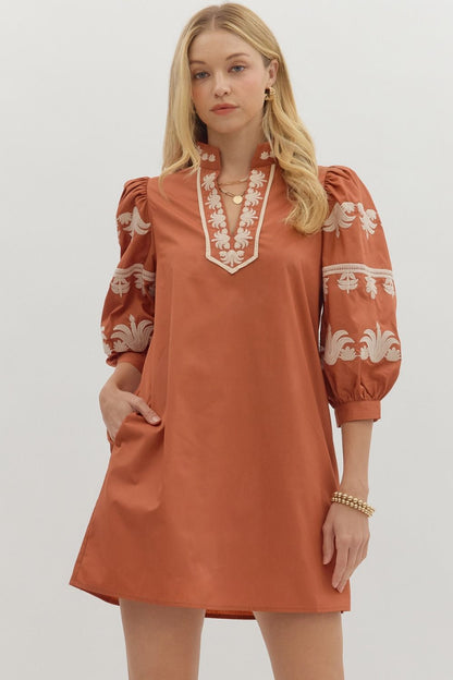 Pumpkin Embroidered Sleeve Dress