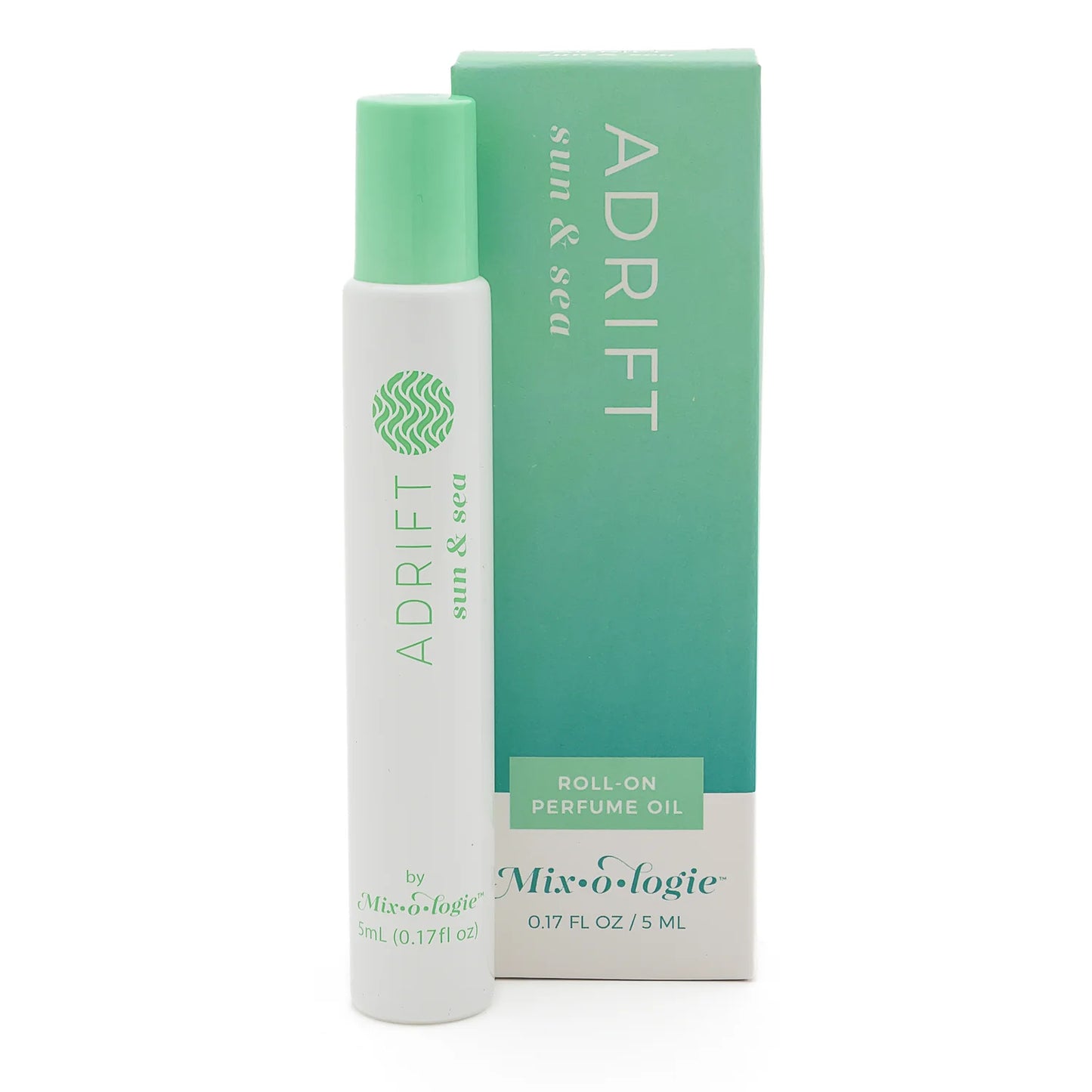 Adrift Roll On Oil Perfume by Mix O Logie, white/mint green, 5 ml size. Elegant branding, fresh essential oil scent.