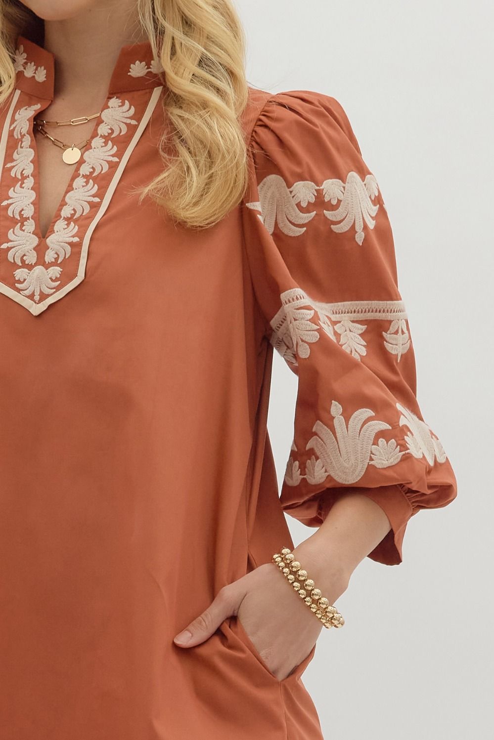 Pumpkin Embroidered Sleeve Dress