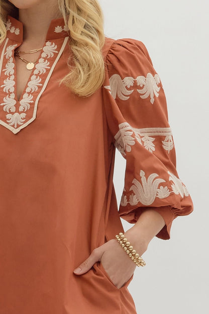 Pumpkin Embroidered Sleeve Dress