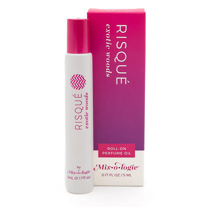 Risqué Oil Perfume Roll On by Mix O Logie in a 0.17 fl oz (5 ml) bottle with pink and white box; concentrated, long-lasting scent.